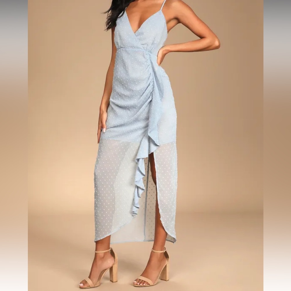 Lulus For Us to Dance Powder Blue Swiss Dot Ruffled Midi Dress: Size Small